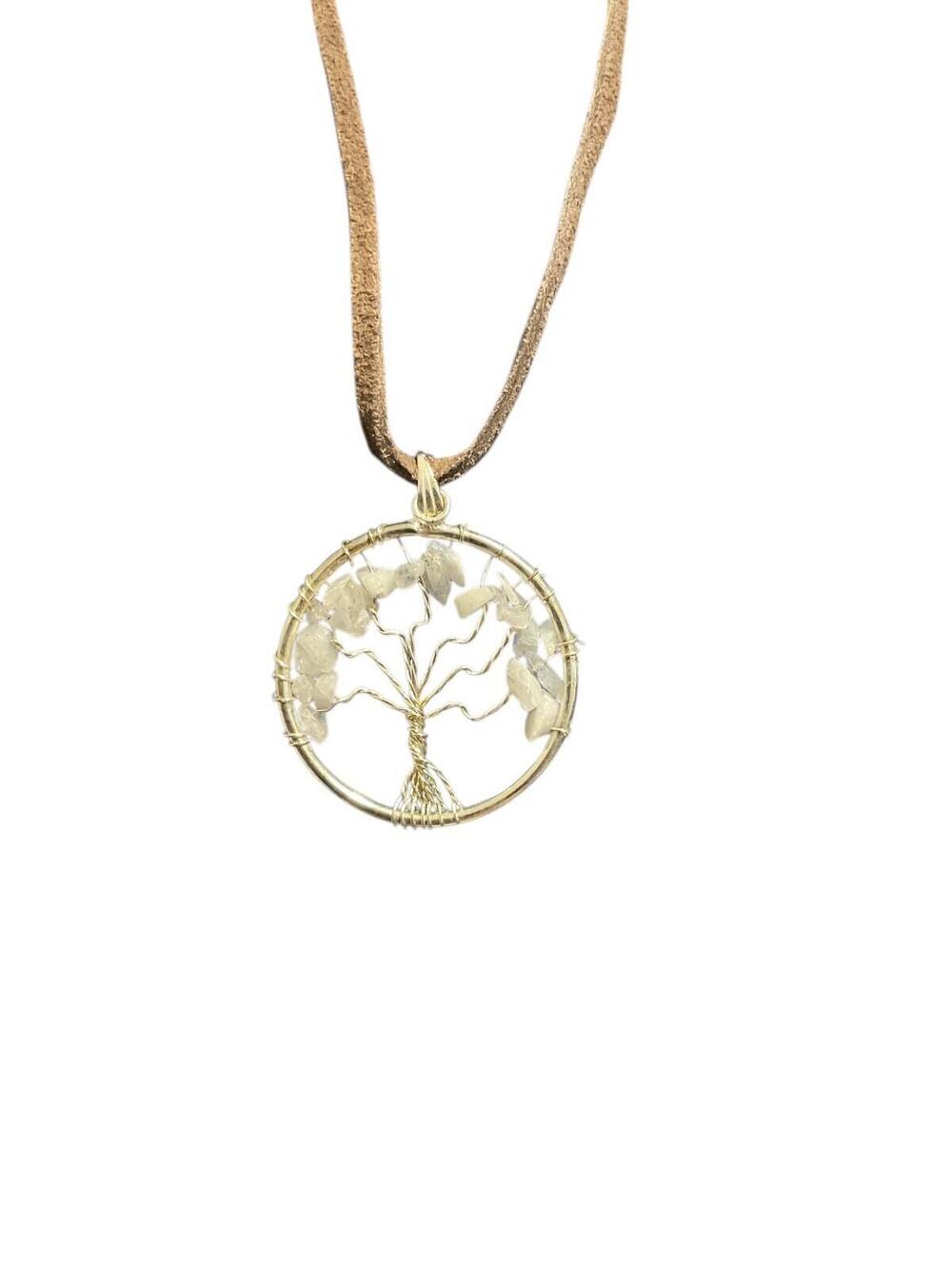NWT Henna Rainbow Moonstone Tree of Life Necklace Adjustable Cord Gold Tone Boho